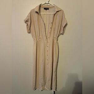 Fred David Striped Button Front Midi Dress | Neutral Tan & Cream | Size MP